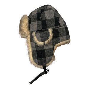 grey and black buffalo plaid trapper hat with faux fur ear flaps
